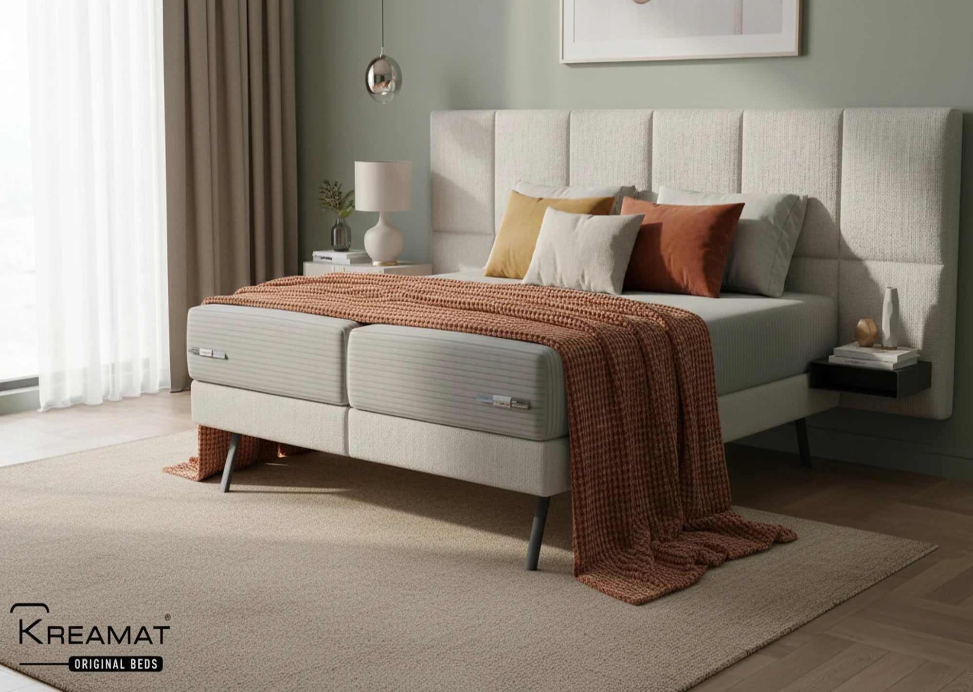 Bed SQUARE LARGE HEADBOARD + BOX SPRING | KING SIZE KREAMAT