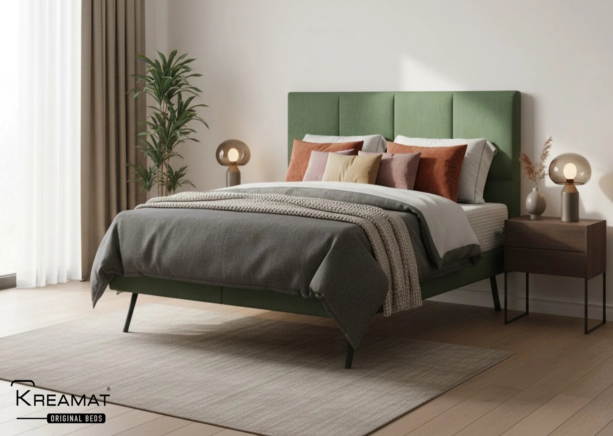 Bed SQUARE SMALL HEADBOARD + BOX SPRING | QUEEN SIZE KREAMAT