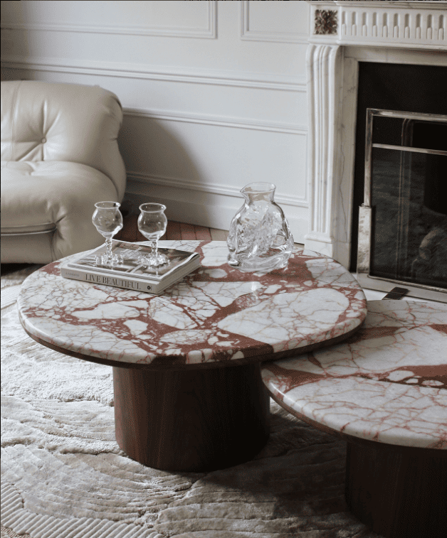 Coffee Table ALEXIS DUO TABLES CALACATTA BORGOGNA & WOOD MARBERA