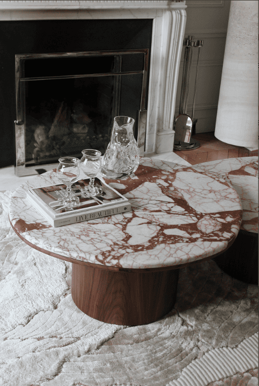 Coffee Table ALEXIS DUO TABLES CALACATTA BORGOGNA & WOOD MARBERA