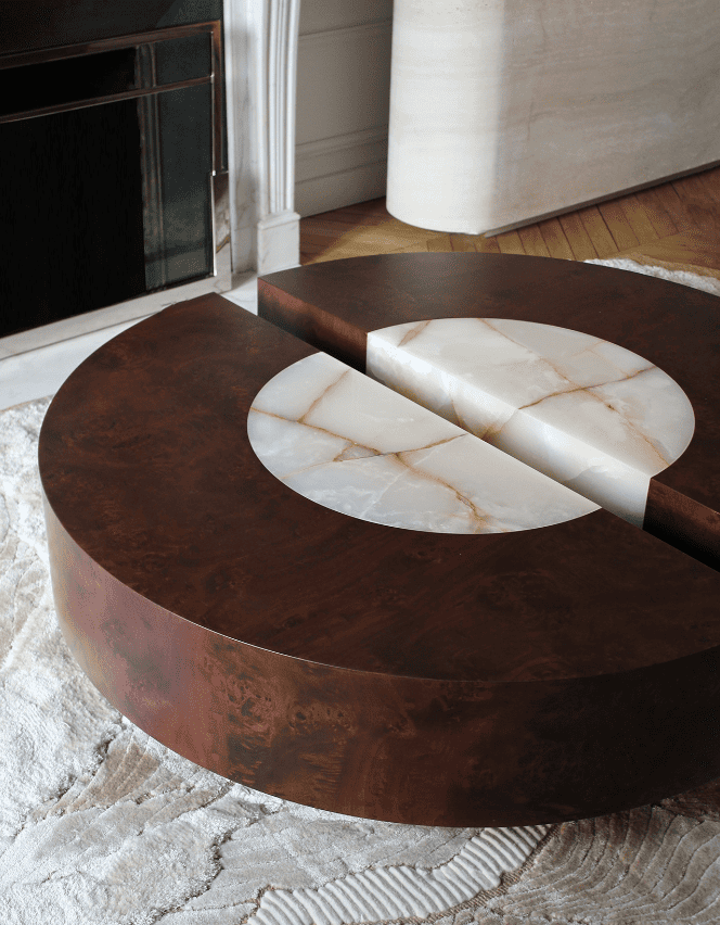 Tableuv Shell Baci Round Burl Wood & Shell Onyx Coffee Table | Sculptural Stone Table ...
