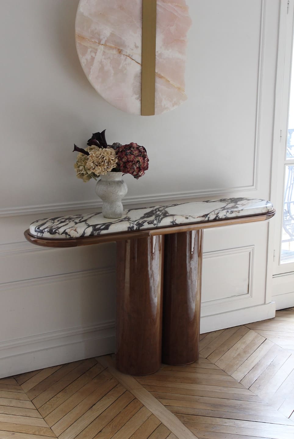 Console IDA WOOD AND CALACATTA VIOLA MARBLE CONSOLE MARBERA