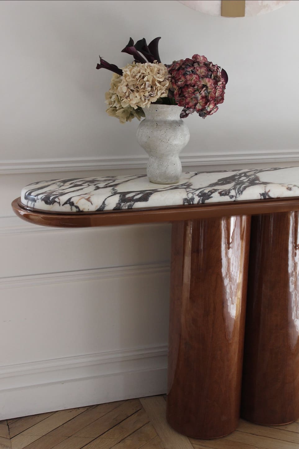 Console IDA WOOD AND CALACATTA VIOLA MARBLE CONSOLE MARBERA