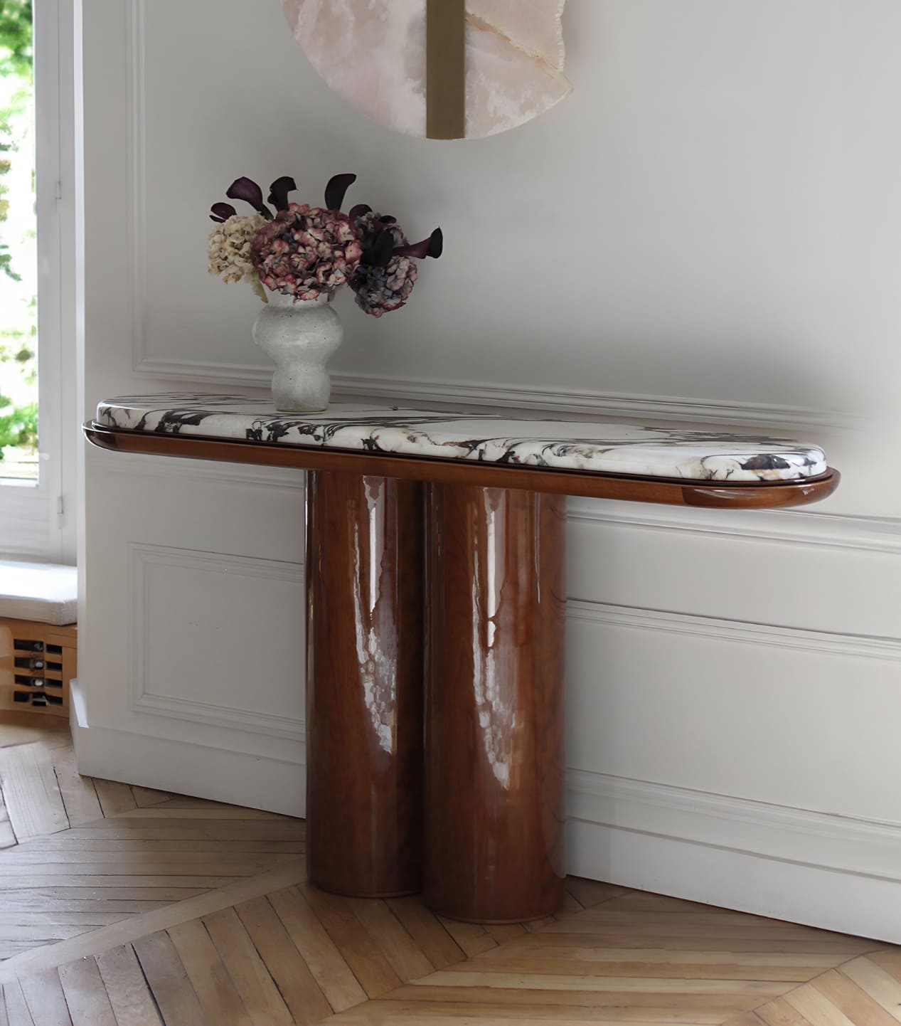 Console IDA WOOD AND CALACATTA VIOLA MARBLE CONSOLE MARBERA