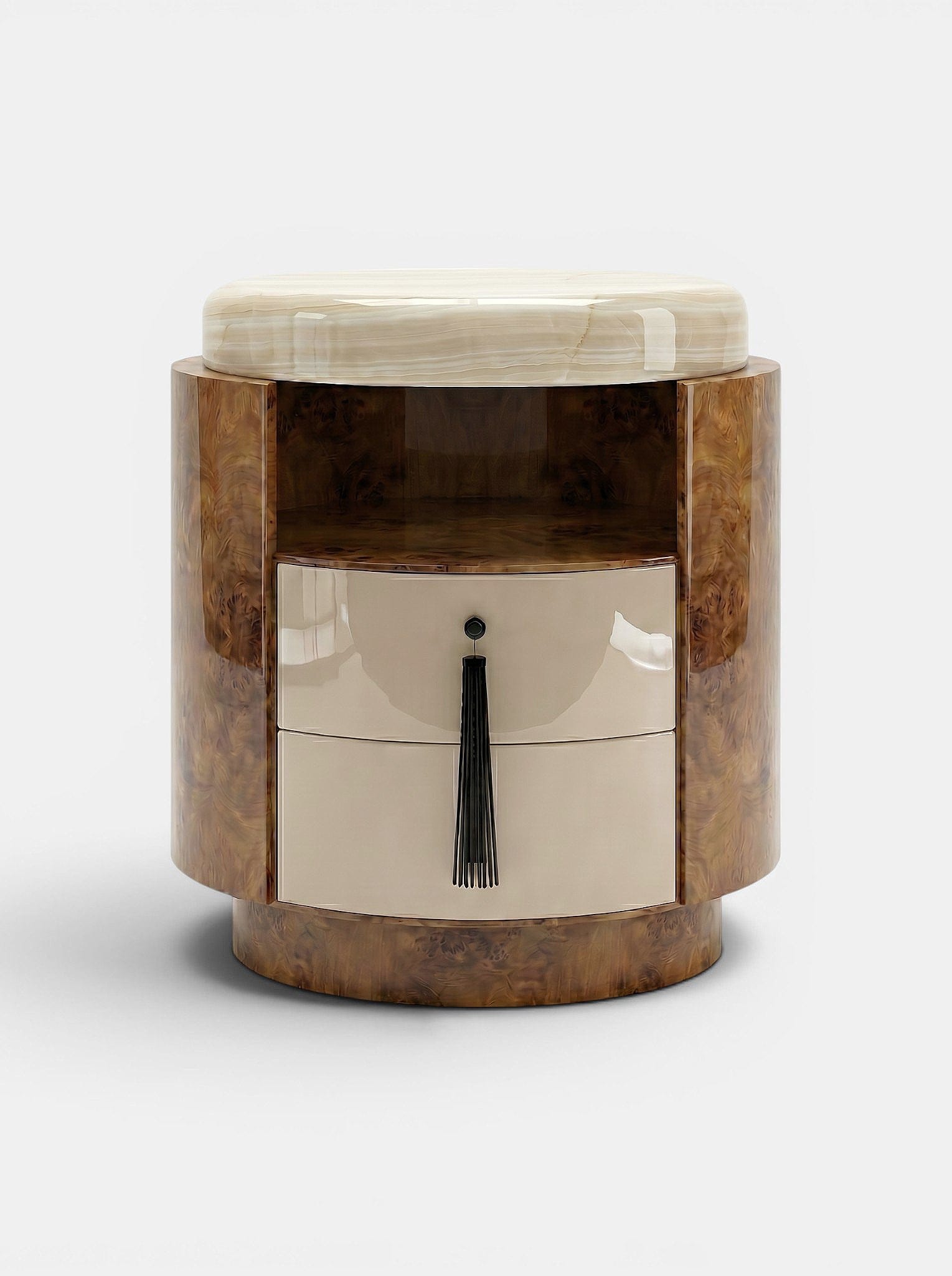 Marbera POMPON | BURL WOOD, HONEY OFF-WHITE, & IVORY ONYX Bedside Table