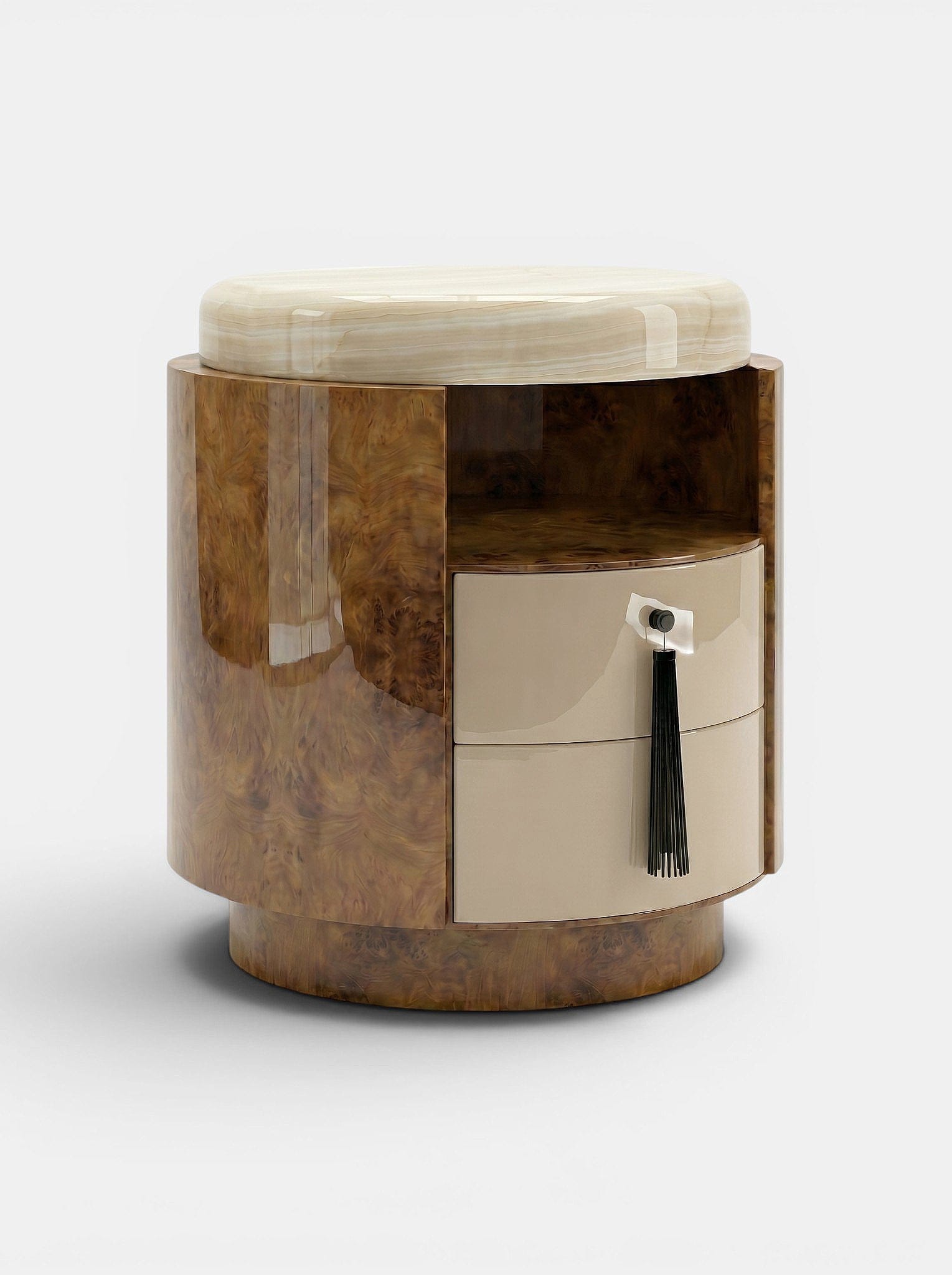 Marbera POMPON | BURL WOOD, HONEY OFF-WHITE, & IVORY ONYX Bedside Table