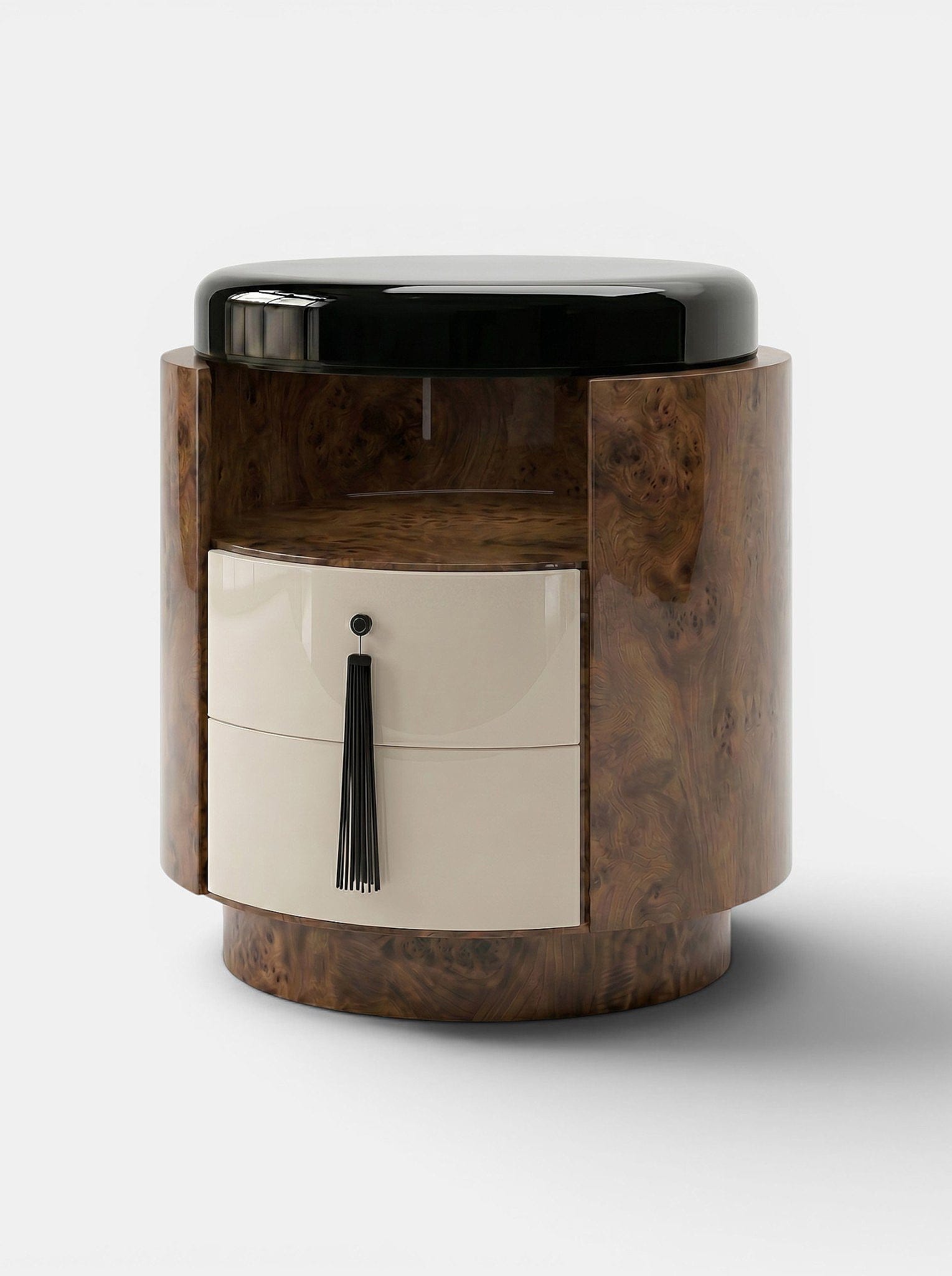 Marbera POMPON | DARK BURL WOOD, OFF-WHITE, & BLACK Bedside Table